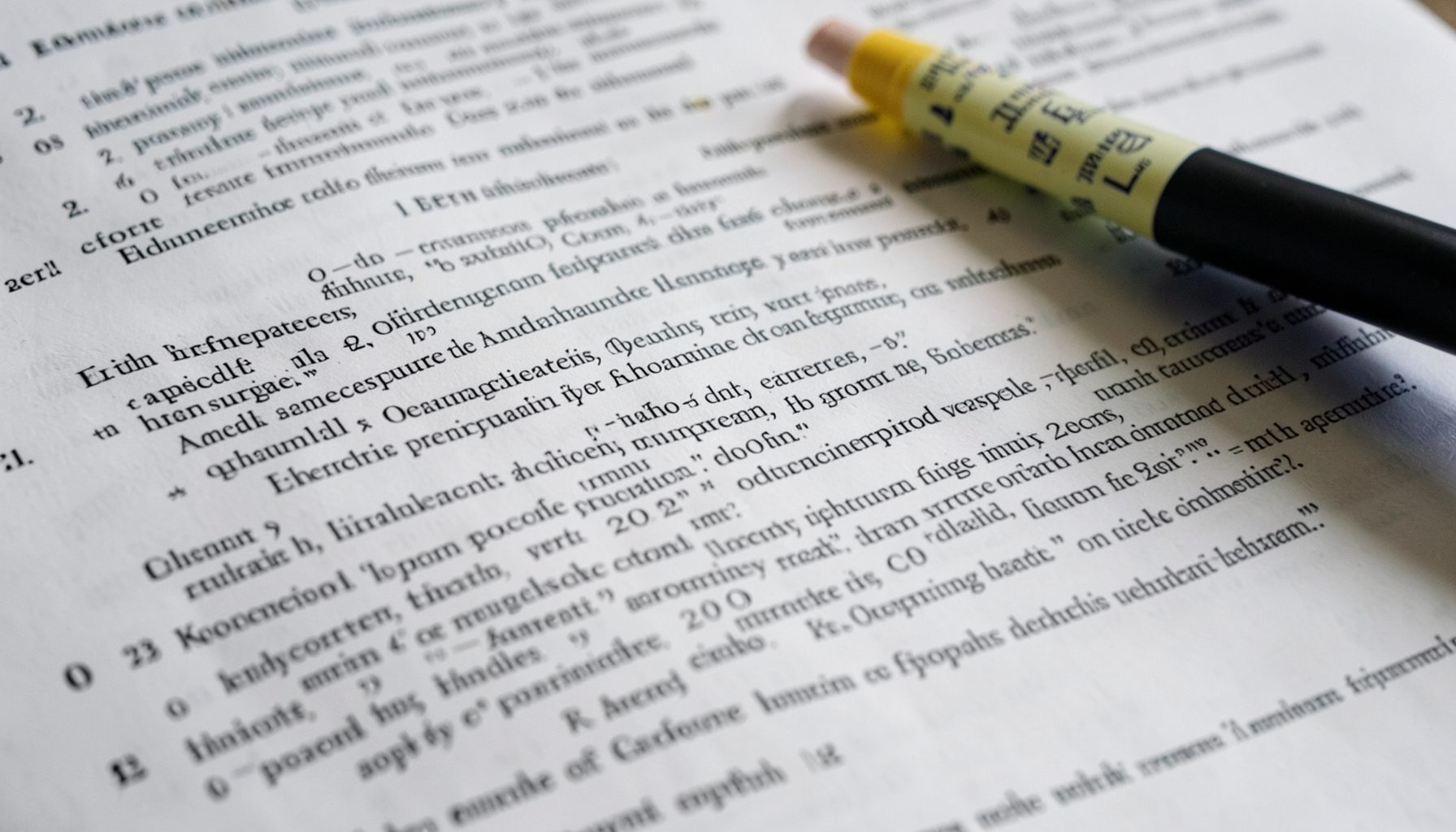 An abstract close-up of a printed EU regulation document with paragraphs of dense legal text, a highlighter resting on the page