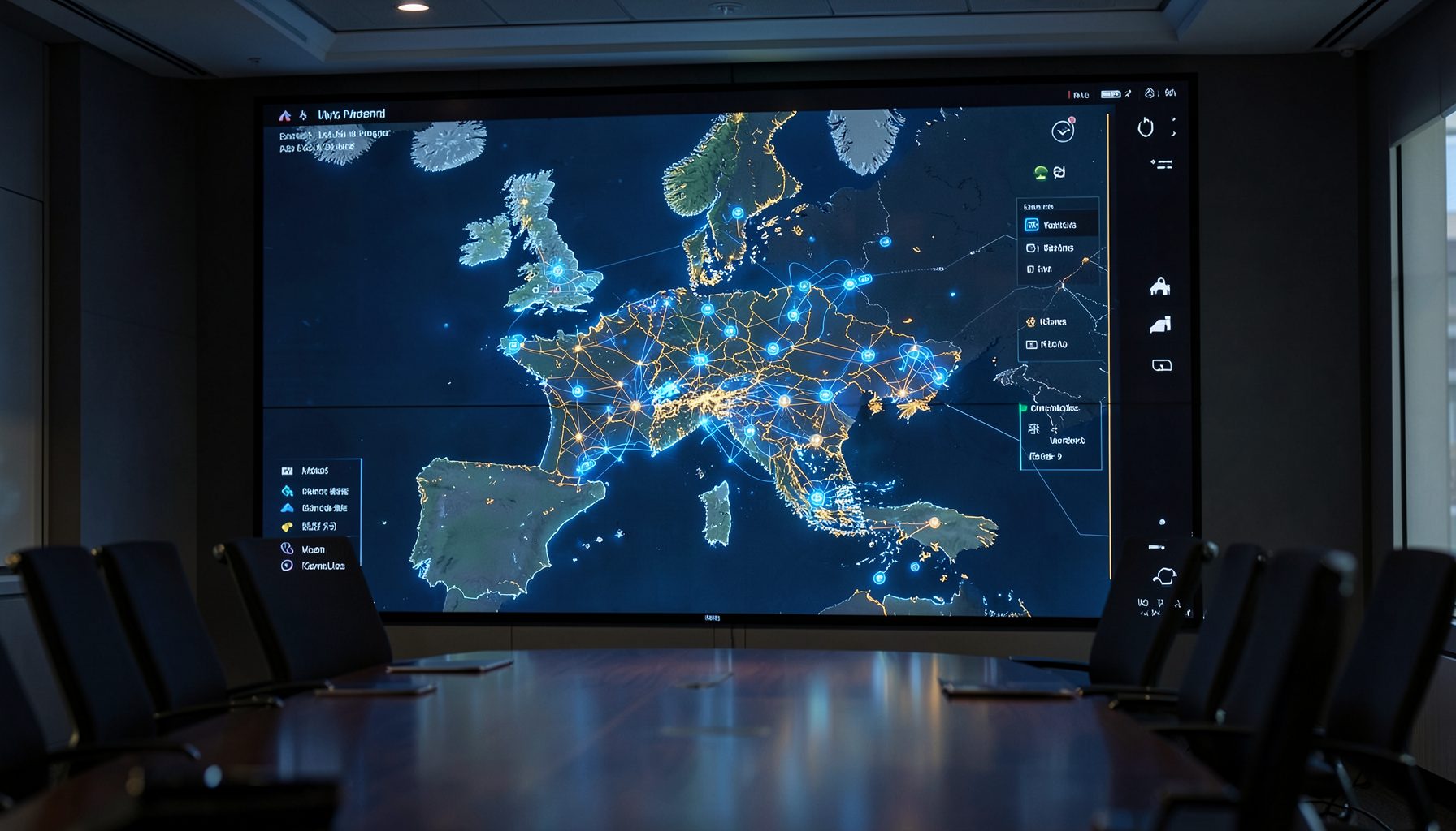 A large digital screen displaying a map of Europe with interconnected data nodes and policy indicators glowing in blue and amber