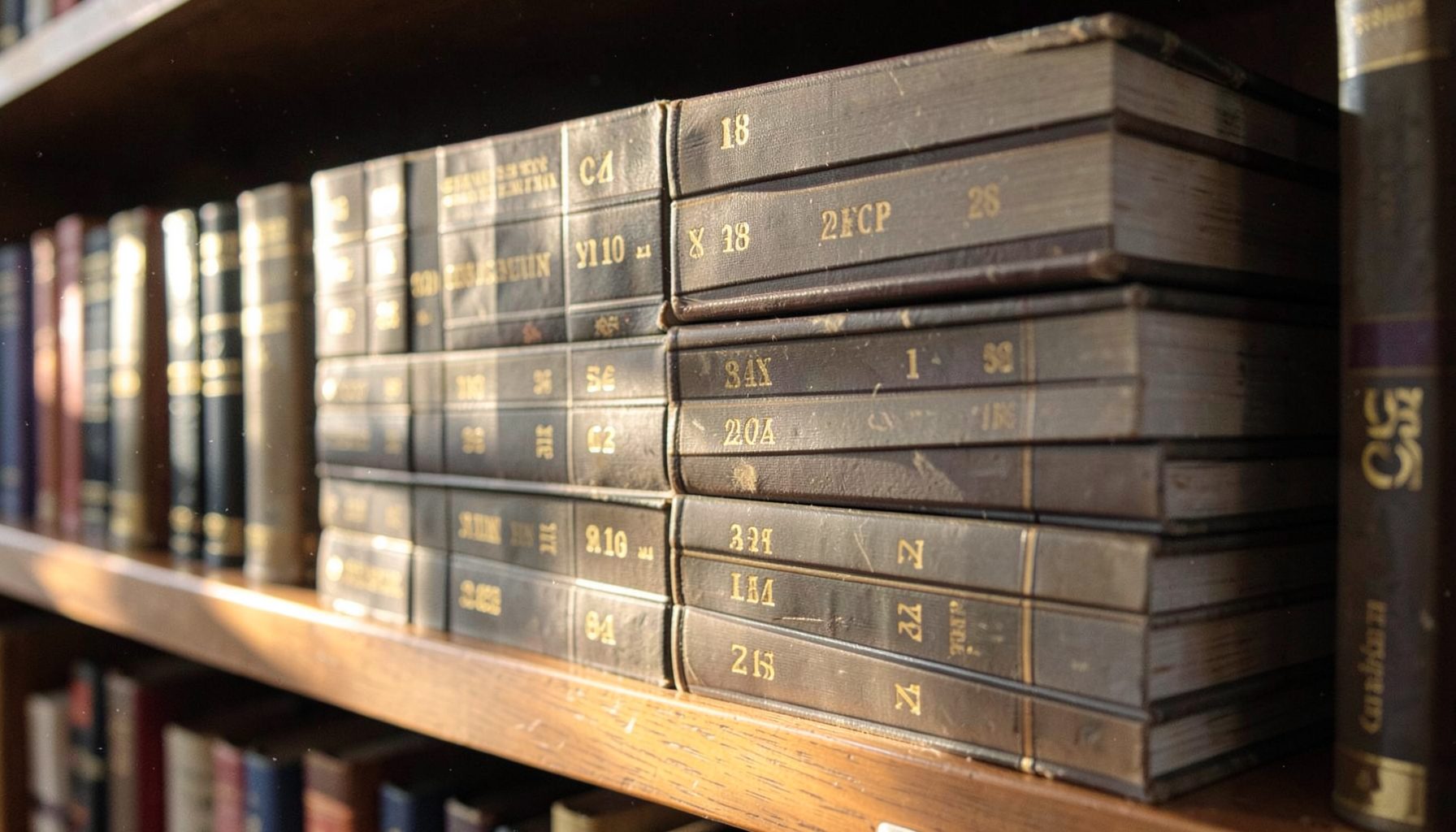 A chronological stack of bound periodical volumes on a library shelf, their spines showing years in gold lettering, with warm wooden tones and soft overhead light.