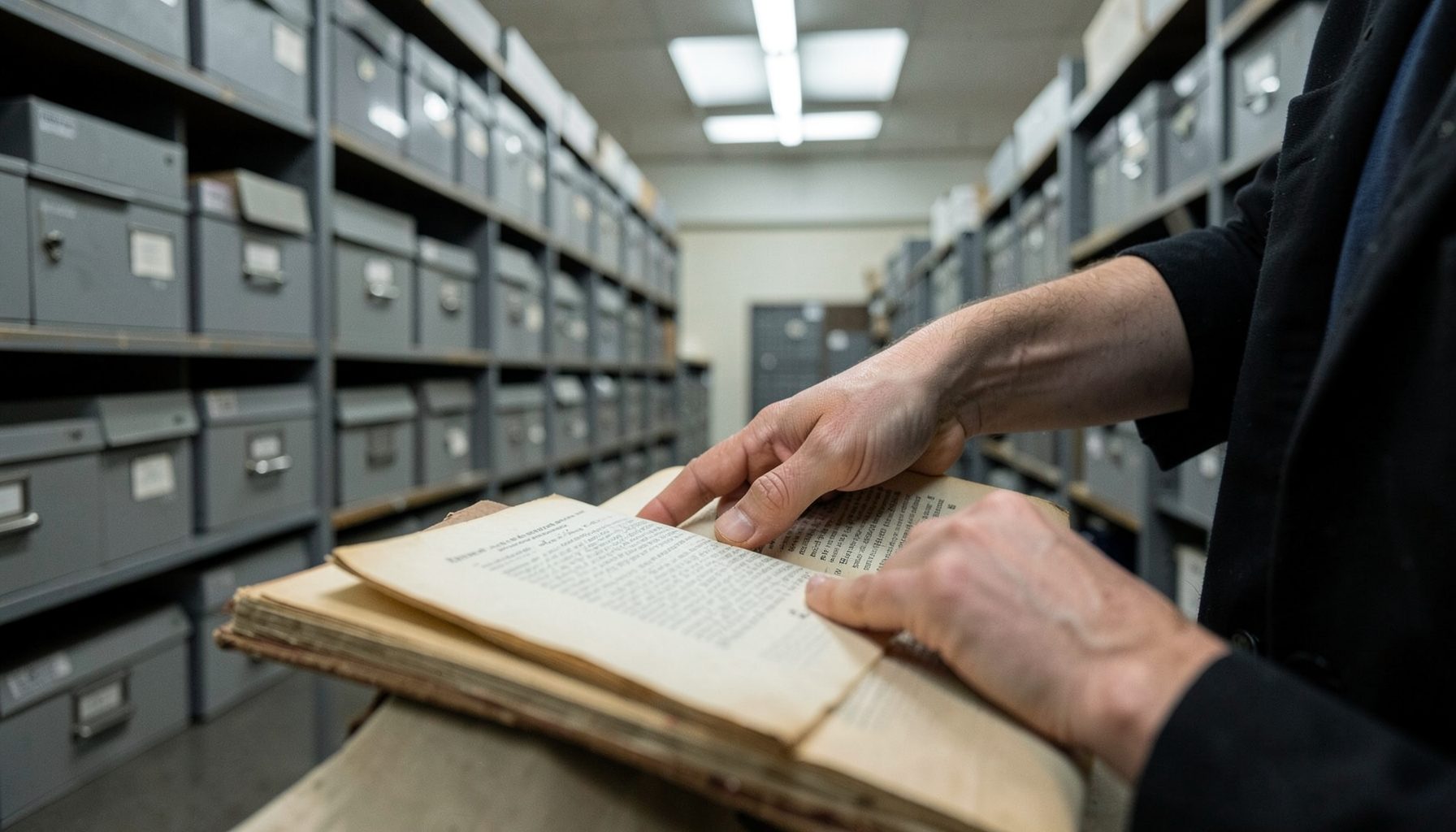 A researcher's hands turning the page of an old issue in a quiet archive room, with shelves of grey archival boxes receding into the background under soft natural light.