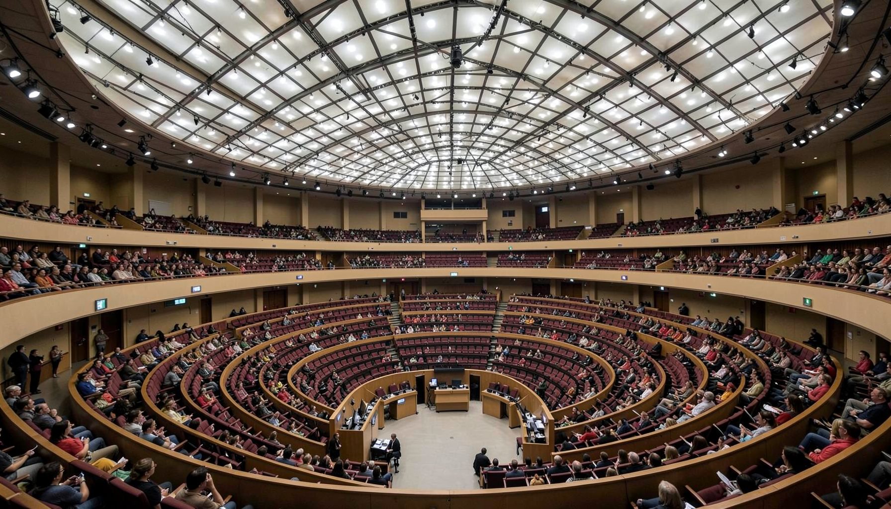 The hemicycle chamber seen from the public gallery, with concentric rings of seats and interpretation booths under a vast ceiling