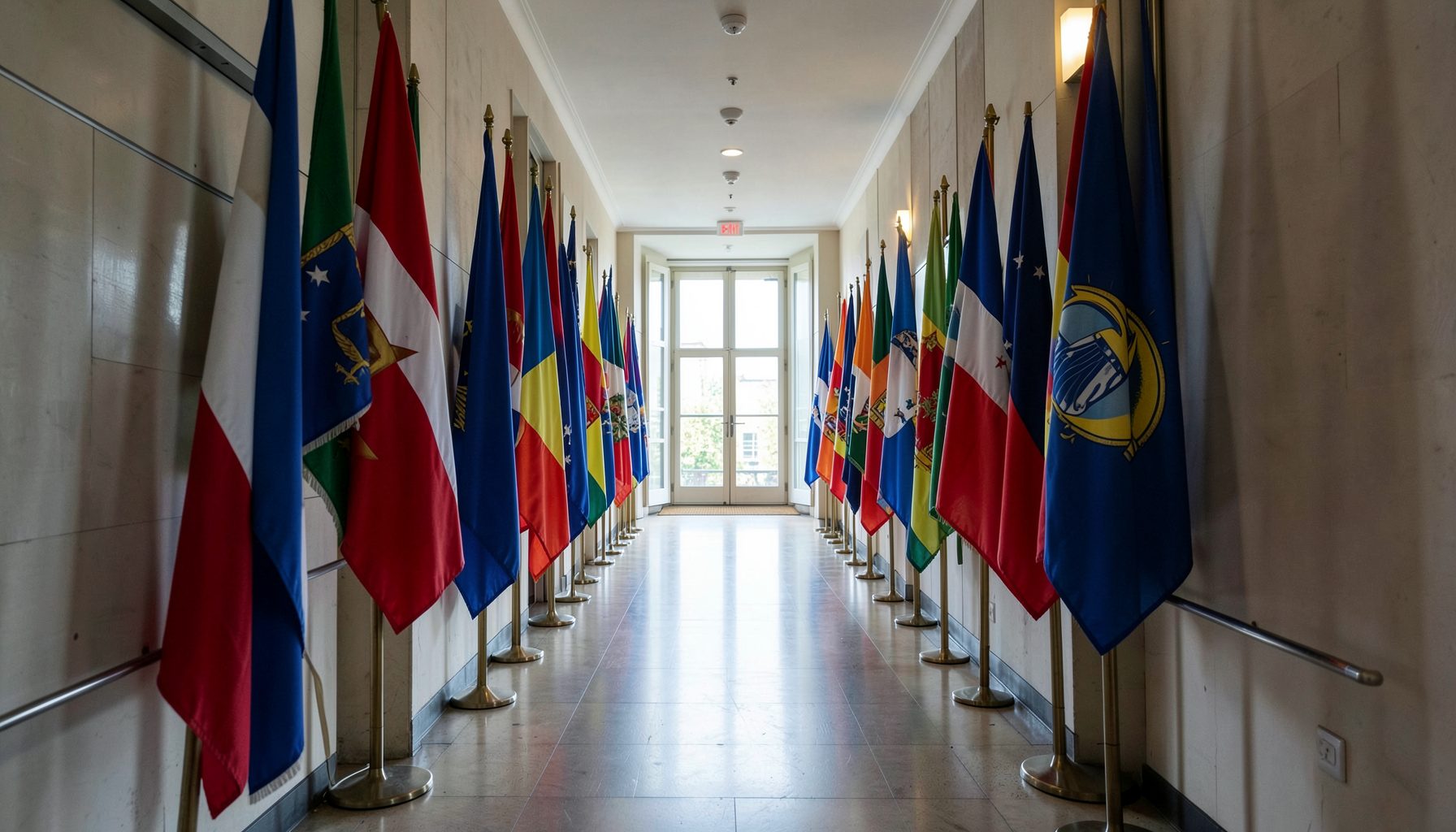 A long corridor in the Justus Lipsius building lined with member-state flags, stretching toward a distant window filled with natural light
