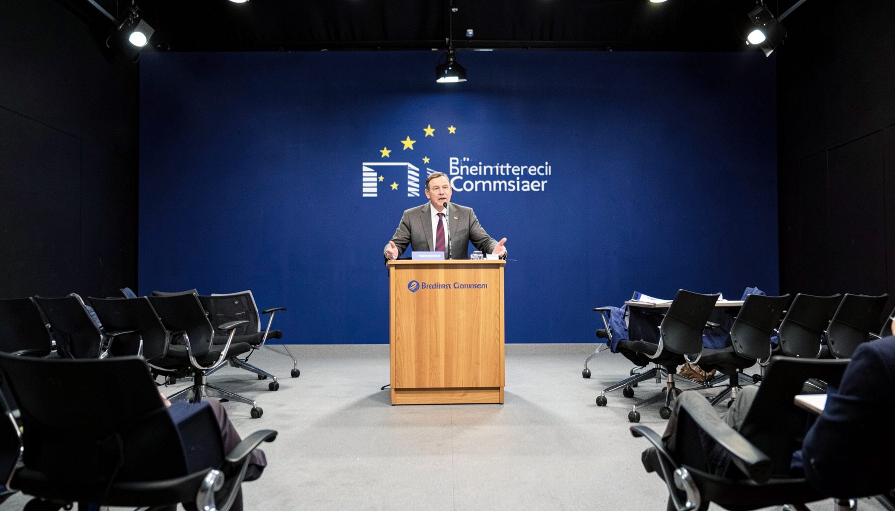 A formal press conference room in Brussels with a dark blue backdrop featuring the European Commission logo and a wooden podium